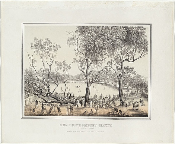 Artist: b'UNKNOWN AUSTRALIAN ARTIST,' | Title: b'Melbourne Cricket Ground.' | Date: 1864 | Technique: b'lithograph, printed in colour, from two stones'