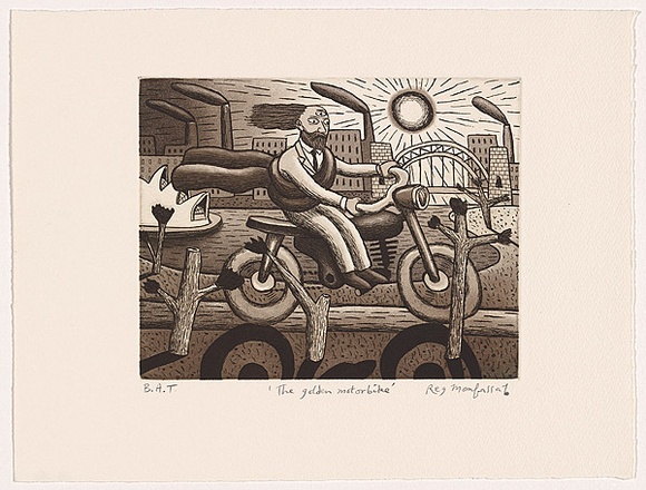 Artist: b'Mombassa, Reg.' | Title: b'The golden motorbike' | Date: 2002 | Technique: b'etching and aquatint, printed in brown ink, from one plate'