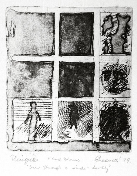 Artist: b'SHEARER, Mitzi' | Title: b'See through a window darkly' | Date: 1979 | Technique: b'etching and aquatint, printed in black ink, from one plate, hand-coloured'