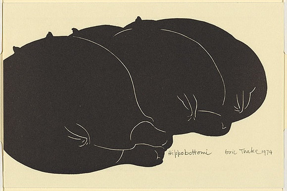 Artist: b'Thake, Eric.' | Title: b'Greeting card: Christmas - Hippobottomi' | Date: 1974 | Technique: b'linocut, printed in black ink, from one block'