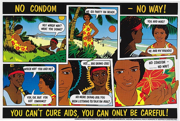 Artist: b'REDBACK GRAPHIX' | Title: b'No condom - no way!' | Date: 1988 | Technique: b'screenprint, printed in colour, from four stencils (three process colour plus black)'