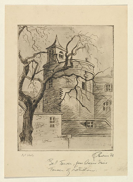 Artist: b'EWINS, Rod' | Title: b'Queens Stairs, Tower of London.' | Date: 1963 | Technique: b'etching, printed in black ink, from one copper plate'