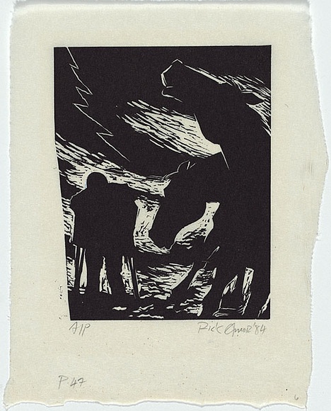 Artist: b'AMOR, Rick' | Title: b'[horses in storm]' | Date: 1984 | Technique: b'linocut, printed in black ink, from one plate' | Copyright: b'\xc2\xa9 Rick Amor. Licensed by VISCOPY, Australia.'