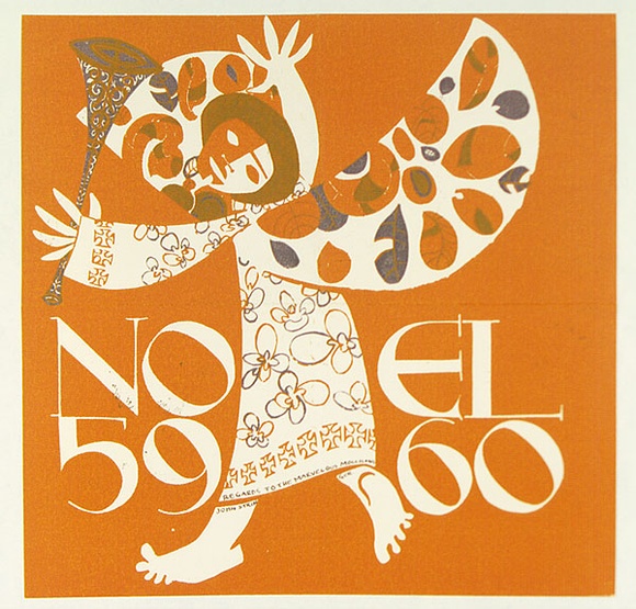 Artist: b'Stringer, John.' | Title: b'Greeting card: Christmas (Angel with clarion).' | Date: 1959 | Technique: b'linocut, printed in colour, from multiple blocks'
