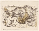 Artist: b'MACQUEEN, Mary' | Title: b'Crater country' | Date: 1959 | Technique: b'lithograph, printed in colour, from two plates in brown and yellow ink' | Copyright: b'Courtesy Paulette Calhoun, for the estate of Mary Macqueen'