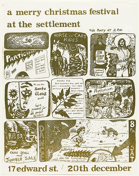 Artist: WORSTEAD, Paul | Title: A Merry Christmas festival at the Settlement | Date: 1975 | Technique: screenprint | Copyright: This work appears on screen courtesy of the artist