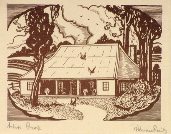 Artist: b'FEINT, Adrian' | Title: b'(Colonial house).' | Technique: b'wood-engraving' | Copyright: b'Courtesy the Estate of Adrian Feint'