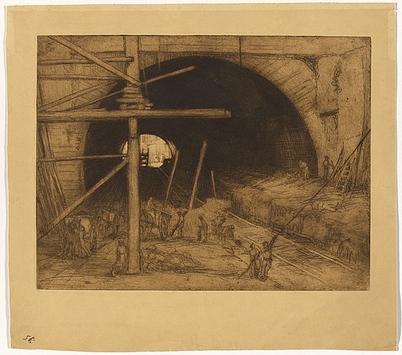 Artist: b'TRAILL, Jessie' | Title: bBuilding a tunnel, 'Genoa'. | Date: 1927 | Technique: b'etching, printed in brown ink with plate-tone and wiped highlights, from one plate'