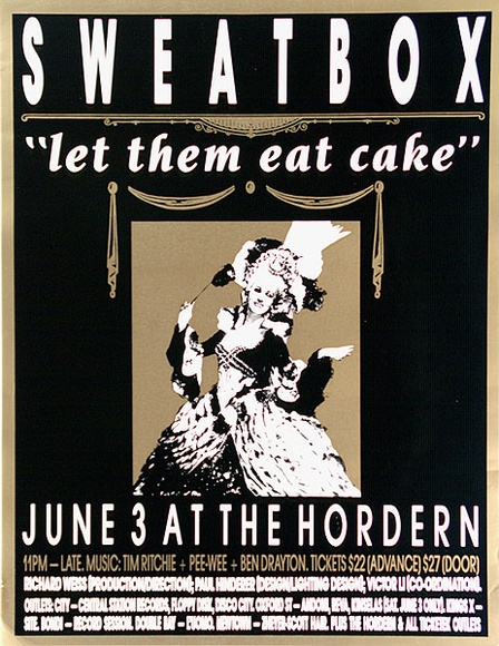 Artist: b'Sweatbox Productions.' | Title: b'Sweatbox. let them eat cake [small version]' | Date: 1989 | Technique: b'screenprint, printed in black and gold ink, from two stencils'