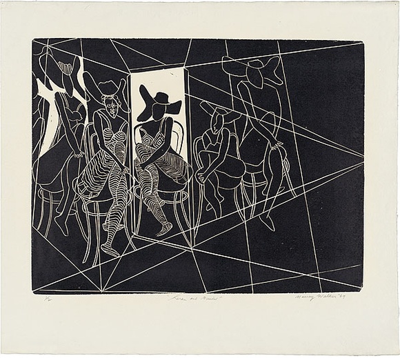 Artist: b'WALKER, Murray' | Title: b'Karen and mirrors.' | Date: 1969 | Technique: b'linocut, printed in black ink, from one block'