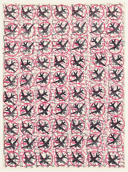 Title: b'8.46 a.m. (11 Sept. 2001)' | Date: 2002 | Technique: b'hand-stamped rubber stamps, in black and pink ink, from four blocks'