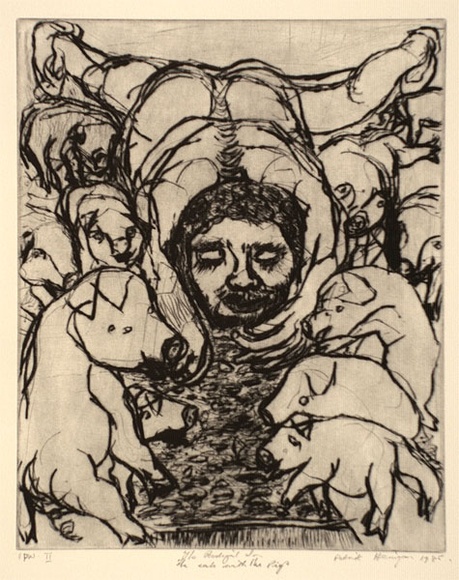 Artist: b'Henigan, Patrick.' | Title: b'The prodigal son (eats with the pigs)' | Date: 1985 | Technique: b'drypoint, printed in black ink, from one plate'