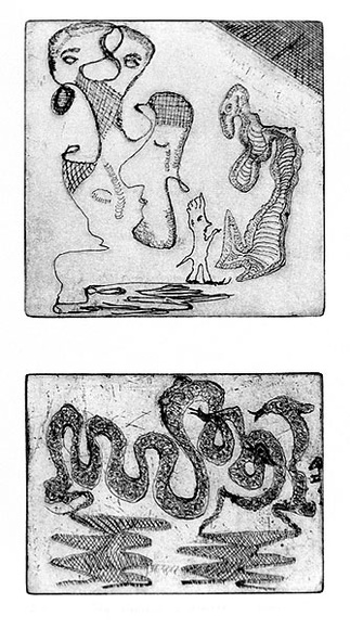 Artist: b'SHEARER, Mitzi' | Title: b'They pleaded ignorance' | Date: 1984 | Technique: b'etching, printed in black, with plate-tone, from two plates (two images)'