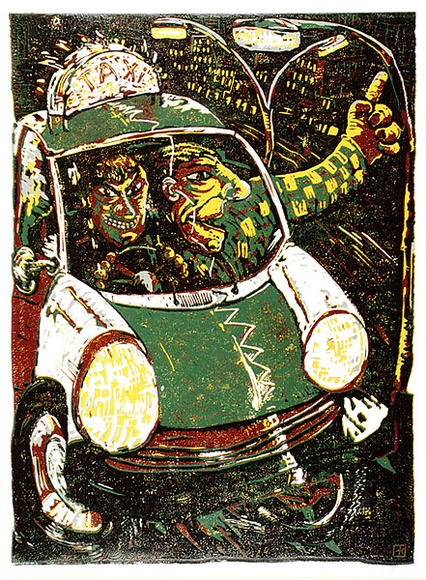 Artist: b'King, Peter.' | Title: b'Two wild men in a taxi' | Date: 12 May 1985 | Technique: b'linocut, printed in colour, from mutliple blocks'