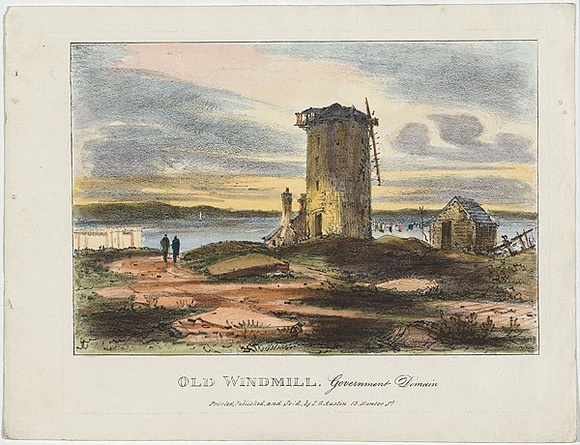 Artist: b'Russell, Robert.' | Title: b'Old windmill, Government Domain.' | Date: 1836 | Technique: b'lithograph, printed in black ink, from one stone; hand-coloured'