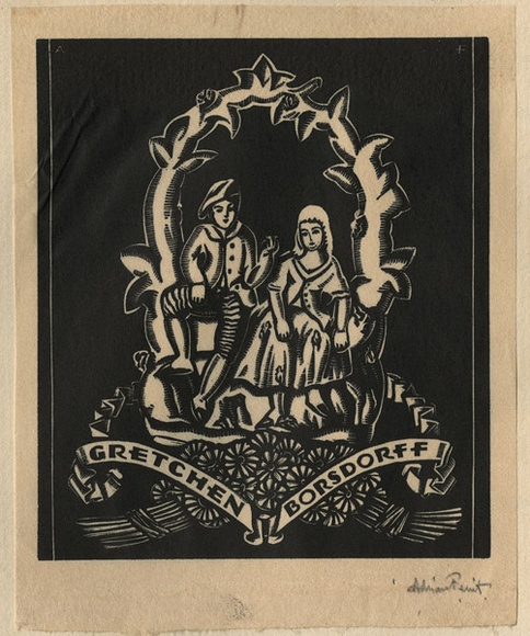 Artist: b'FEINT, Adrian' | Title: b'Bookplate: Gretchen Borsdorff.' | Date: (1933) | Technique: b'wood-engraving, printed in black ink, from one block' | Copyright: b'Courtesy the Estate of Adrian Feint'