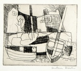 Artist: Brash, Barbara. | Title: (Abstract with tree, buildings, boats). | Date: 1950s | Technique: etching, printed in brown ink from one plate