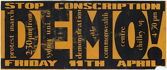 Artist: b'EARTHWORKS POSTER COLLECTIVE' | Title: b'Stop conscription, protest march' | Date: 1969 | Technique: b'screenprint, printed in black ink, from one stencil'