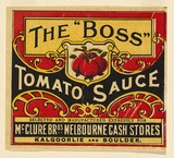 Artist: b'UNKNOWN' | Title: bLabel: The 'Boss', tomato sauce | Date: c.1920 | Technique: b'lithograph, printed in colour, from multiple stones [or plates]'
