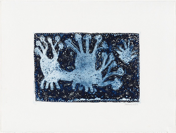 Artist: b'Purdie, Shirley.' | Title: b'Massacre Creek' | Date: 1999, June | Technique: b'line-etching, sugarlift, lump rosin and aquatint, printed in prussian blue ink, from one plate'