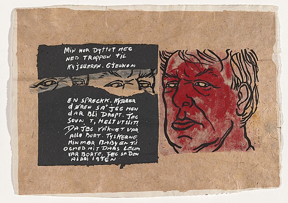 Artist: b'KOGAN, Danial' | Title: b'Childproof [page 3]' | Date: 1993 | Technique: b'linocut, printed in red and black ink, from two blocks; additional handcolouring' | Copyright: b'\xc2\xa9 Danial Lalor Kogan'