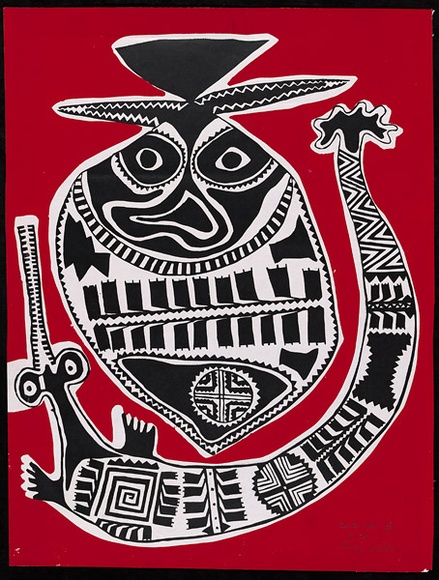 Artist: b'Aihi, Marie Taita.' | Title: b'River creatures.' | Date: 7 November 1969 | Technique: b'screenprint, printed in black and red, from two screens'