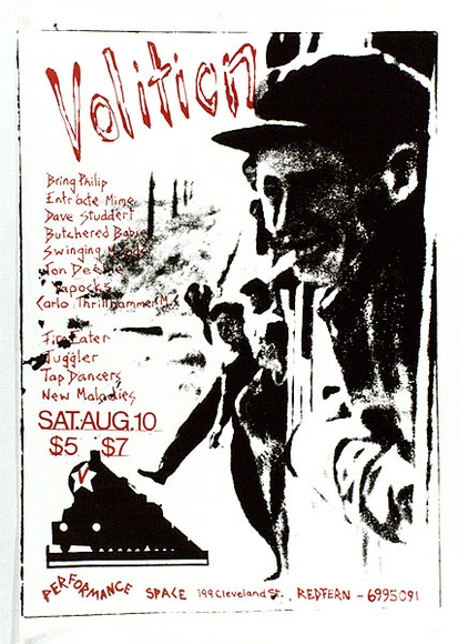 Artist: b'MERD INTERNATIONAL' | Title: b'Poster: Volition' | Date: 1984 | Technique: b'screenprint, printed in colour, from multiple stencils'