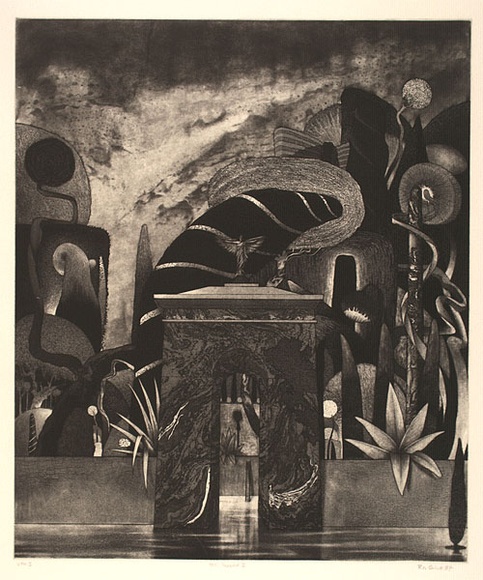 Artist: b'Quick, Ron.' | Title: bFool's paradise III | Date: 1987 | Technique: b'etching, aquatint, roulette, scraping and burnishing, printed in black ink, from one plate'