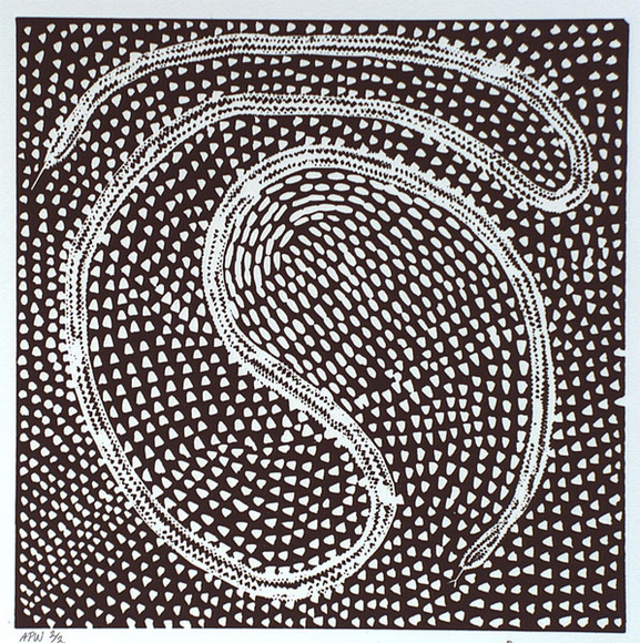 Artist: b'Cherel, Kumanjayi (Butcher).' | Title: b'Yilimi [blackhead python]' | Date: 1997, 2 May | Technique: b'linocut, printed in black ink, from one block'