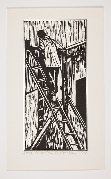 Artist: b'Sakale John, Laben.' | Title: b'House renovation' | Date: 2001 | Technique: b'linocut, printed in black ink, from one block'