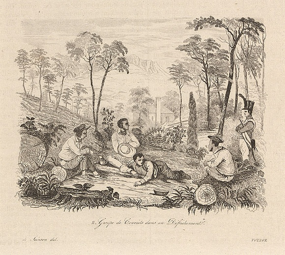 Title: b'Groupe de convicts dans un d\xc3\xa9frichement [Group of convicts in a clearing]' | Date: 1835 | Technique: b'engraving, printed in black ink, from one steel plate'