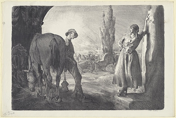 Artist: b'Dyson, Will.' | Title: b'Compensation (Back at the waggon lines).' | Date: 1918 | Technique: b'lithograph, printed in black ink, from one stone'