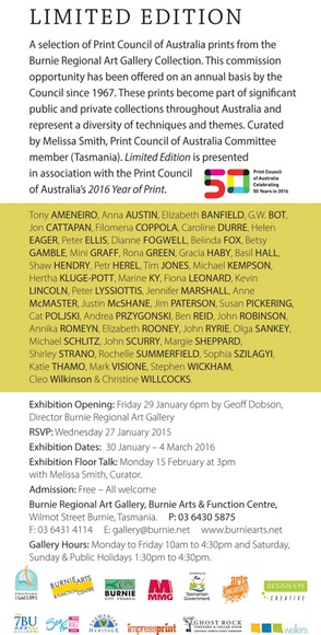 Artist: b'PRINT COUNCIL OF AUSTRALIA' | Title: b'Invitation | Limited edition: A selection of Print Council of Australia prints from the Burnie Regional Art Gallery collection. Burnie, Tasmania: Burnie Regional Art Gallery, 30 January - 4 March 2016.' | Date: 2016