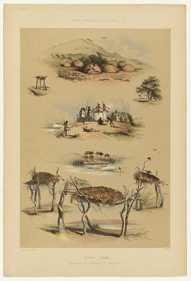 Artist: b'Angas, George French.' | Title: b'Native tombs and modes of disposing of their dead.' | Date: 1846-47 | Technique: b'lithograph, printed in colour, from multiple stones; varnish highlights by brush'