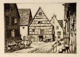 Artist: LINDSAY, Lionel | Title: Old barn, Dinkelsbuhl, Bavaria | Date: 1928 | Technique: drypoint, printed in black ink, from one plate | Copyright: Courtesy of the National Library of Australia