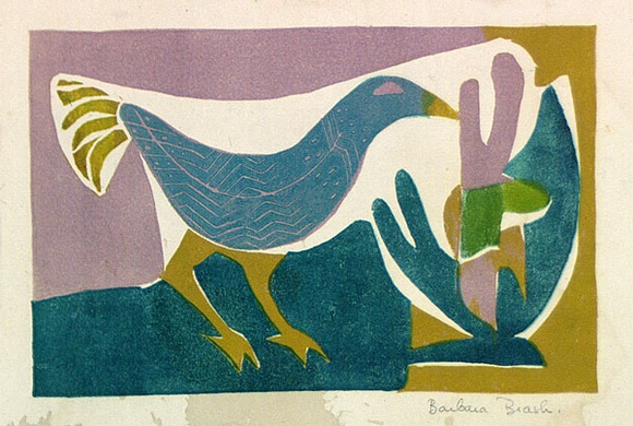 Artist: b'Brash, Barbara.' | Title: b'(Bird and plant).' | Date: c.1955 | Technique: b'linocut, printed in colour, from four blocks'