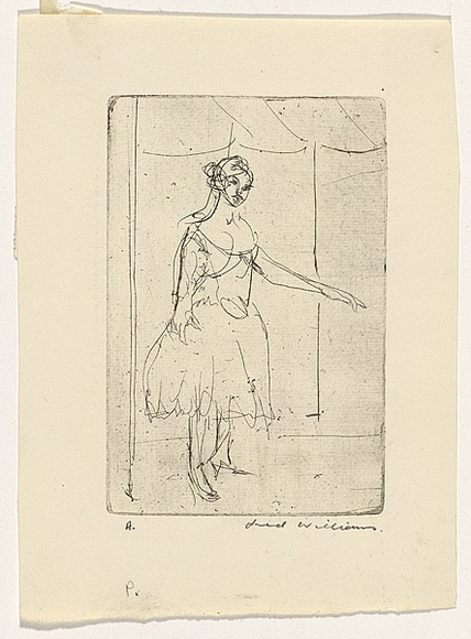 Artist: b'WILLIAMS, Fred' | Title: b'Dancer standing' | Date: 1955-56 | Technique: b'etching and engraving, printed in black ink, from one copper plate; pencil additions' | Copyright: b'\xc2\xa9 Fred Williams Estate'