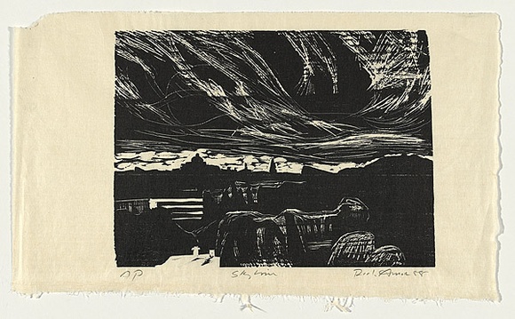 Artist: b'AMOR, Rick' | Title: b'Skyline.' | Date: 1988 | Technique: b'linocut, printed in black ink, from one block'