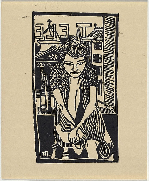 Artist: b'Larter, Richard.' | Title: b'Seated woman (one of 2): from the Age of reason' | Date: c.1958 | Technique: b'linocut, printed in black ink, from one block'