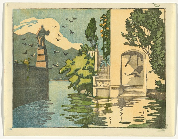 Artist: b'Allport, C.L.' | Title: bLake Como, entrance to Villa d'Este. | Date: c.1928 | Technique: b'linocut, printed in black ink, from one block; hand-coloured'