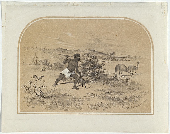Artist: b'GILL, S.T.' | Title: b'Native sneaking emu.' | Date: c.1854 | Technique: b'lithograph, printed in colour, from two stones (black and buff)'