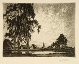 Artist: Warner, Alfred Edward. | Title: (Country homestead by a dam) | Technique: etching, printed in black ink, from one plate
