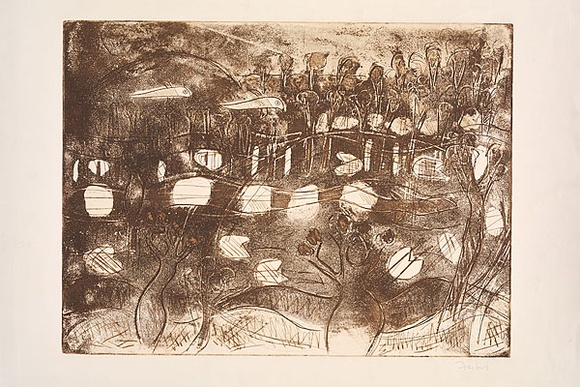 Artist: b'Forbes, Clem.' | Title: b'not titled [landscape with two white birds].' | Date: 1977 | Technique: b'etching and aquatint, printed in brown ink, from one plate'