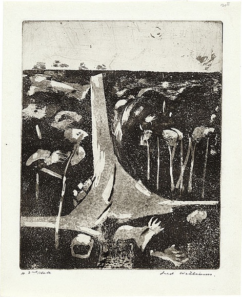Artist: b'WILLIAMS, Fred' | Title: b'Landscape with a steep road' | Date: 1959 | Technique: b'aquatint, drypoint, engraving and etching, printed in black ink, from one copper plate' | Copyright: b'\xc2\xa9 Fred Williams Estate'
