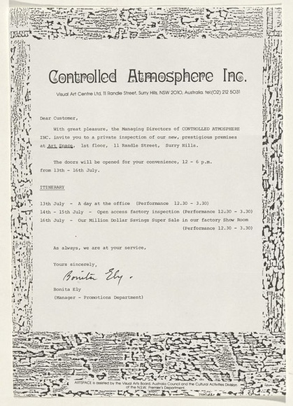 Artist: b'Ely, Bonita.' | Title: b'Controlled atmosphere Inc.' | Date: 1983 | Technique: b'photocopy'