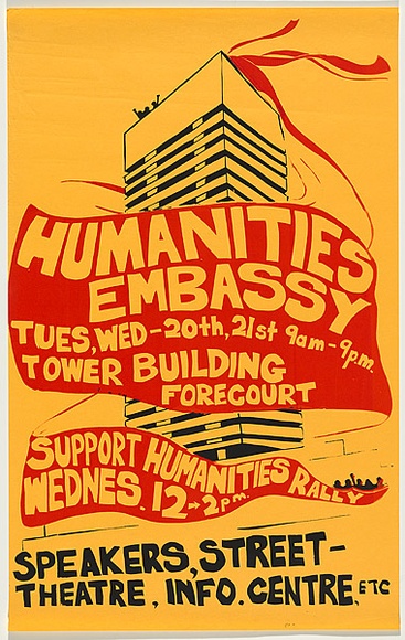 Artist: b'Lane, Leonie.' | Title: b'Humanities Embassy - Support humanities rally' | Date: 1979 | Technique: b'screenprint, printed in colour, from two stencils' | Copyright: b'\xc2\xa9 Leonie Lane'