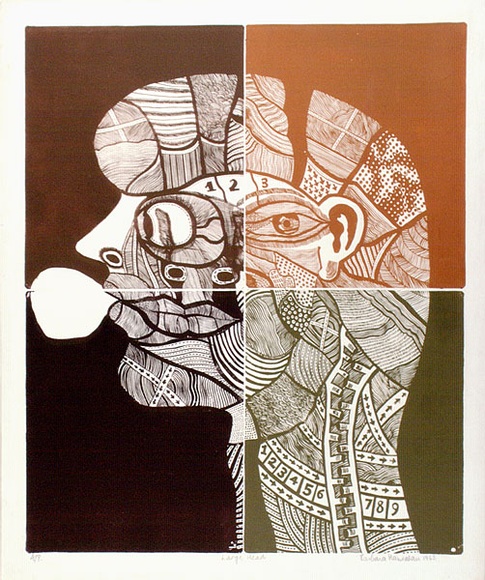 Artist: b'HANRAHAN, Barbara' | Title: b'Large head' | Date: 1965 | Technique: b'lithograph, printed in colour, from four plates'