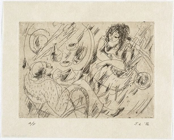 Artist: Lymburner, Francis. | Title: not titled [Couple at round table] | Date: 1940 (about) | Technique: etching, printed in black ink with plate-tone, from one plate