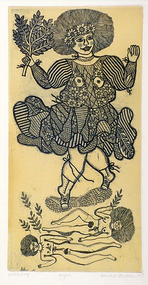 Artist: b'HANRAHAN, Barbara' | Title: b'Angel' | Date: 1975 | Technique: b'etching, printed in colour, from one plate'