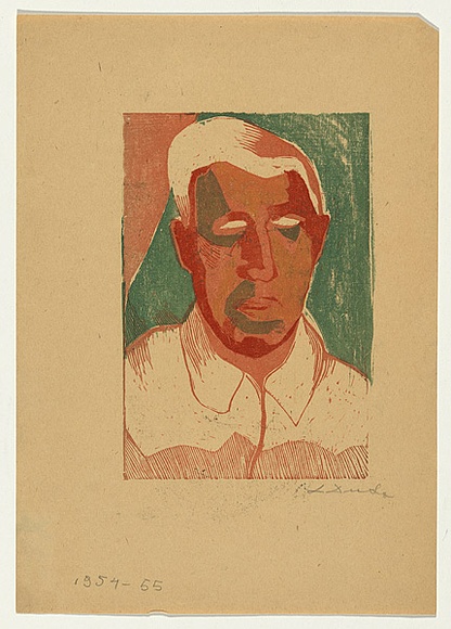 Artist: b'Groblicka, Lidia.' | Title: b'Model [portrait of a man].' | Date: 1954-55 | Technique: b'woodcut, printed in colour, from multiple blocks'